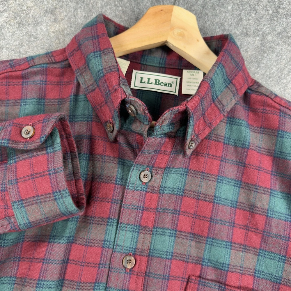 L.L.Bean Shirt Mens Medium Tall Red Plaid Flannel Long Sleeve Button Down USA
